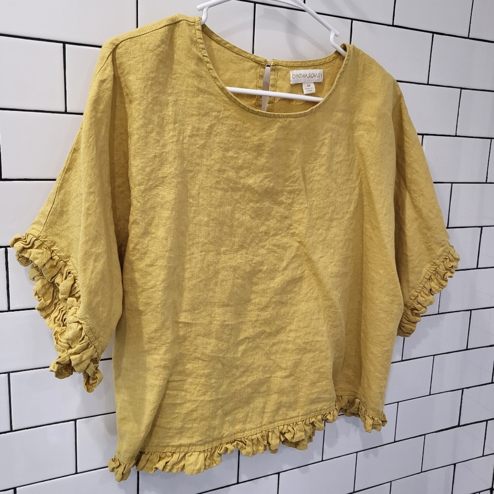 Cynthia Rowley 100% Linen Mustard Ruffle Sleeve Blouse Sz medium